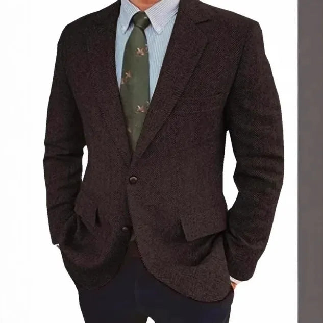 Men's brown herringbone pattern business casual jacket with flax lining and long sleeves