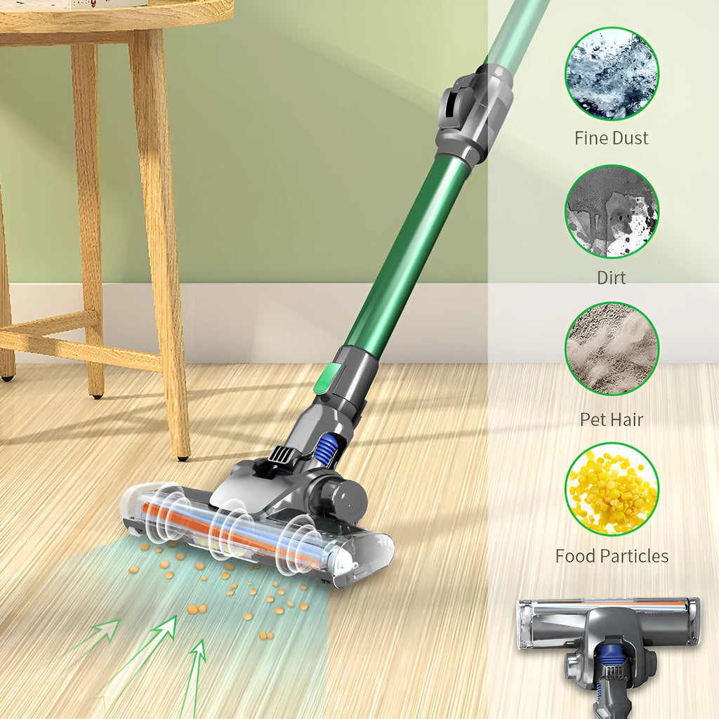 Green handheld wireless vacuum cleaner with foldable tube, 0.5L dust cup, HEPA filter, two-speed suction