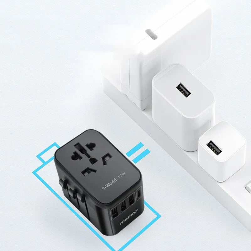 Black universal travel adapter UA12 with four-bit multi country converter, 70x64x48mm PC housing