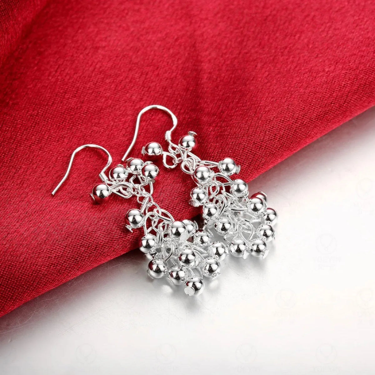 Silver light bead string earrings for women, electroplated copper dangle earrings, 6.8g pair