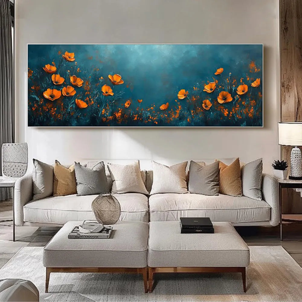 Abstract floral handmade oil painting on canvas, unstretched frameless, modern horizontal design for home decor