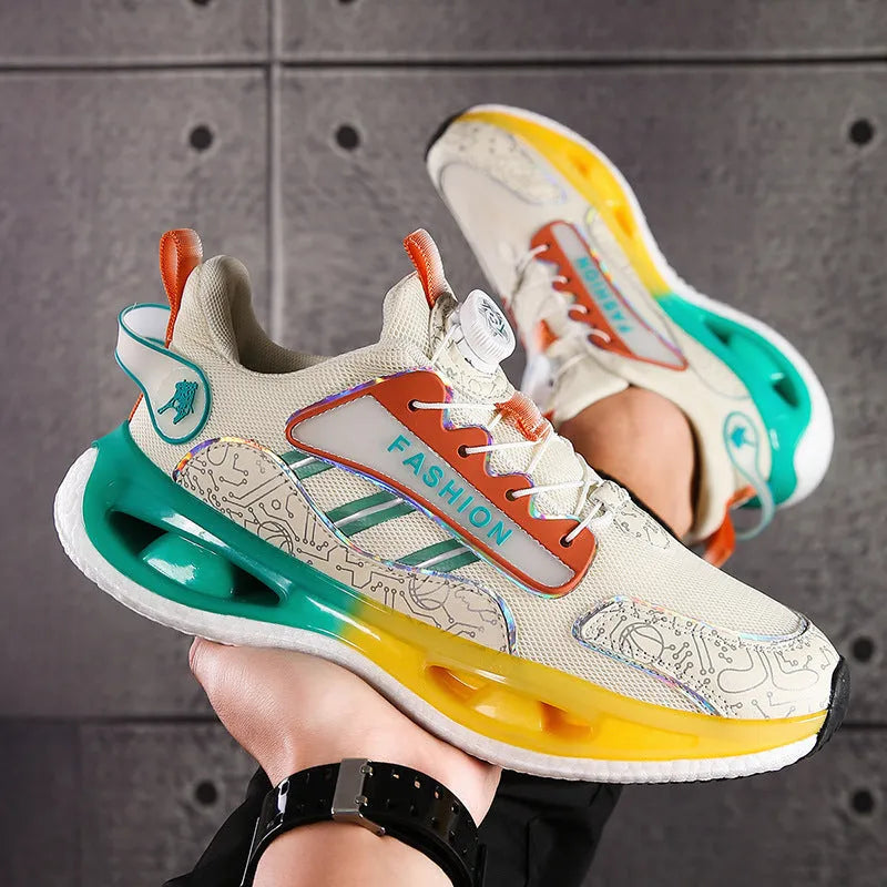 Men's low-top mesh sports shoes in solid colours with elastic band and popcorn TPU sole.