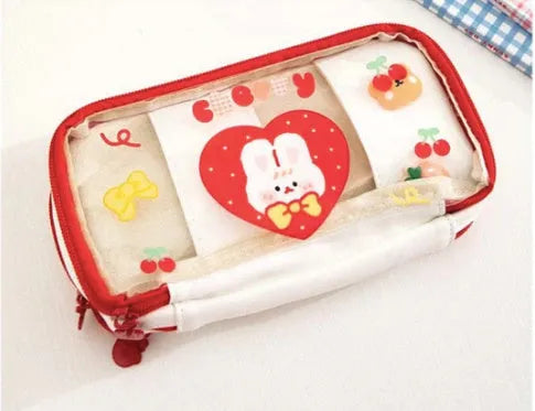 Japanese transparent heart-shaped pen bag with rabbit designs in TPU material