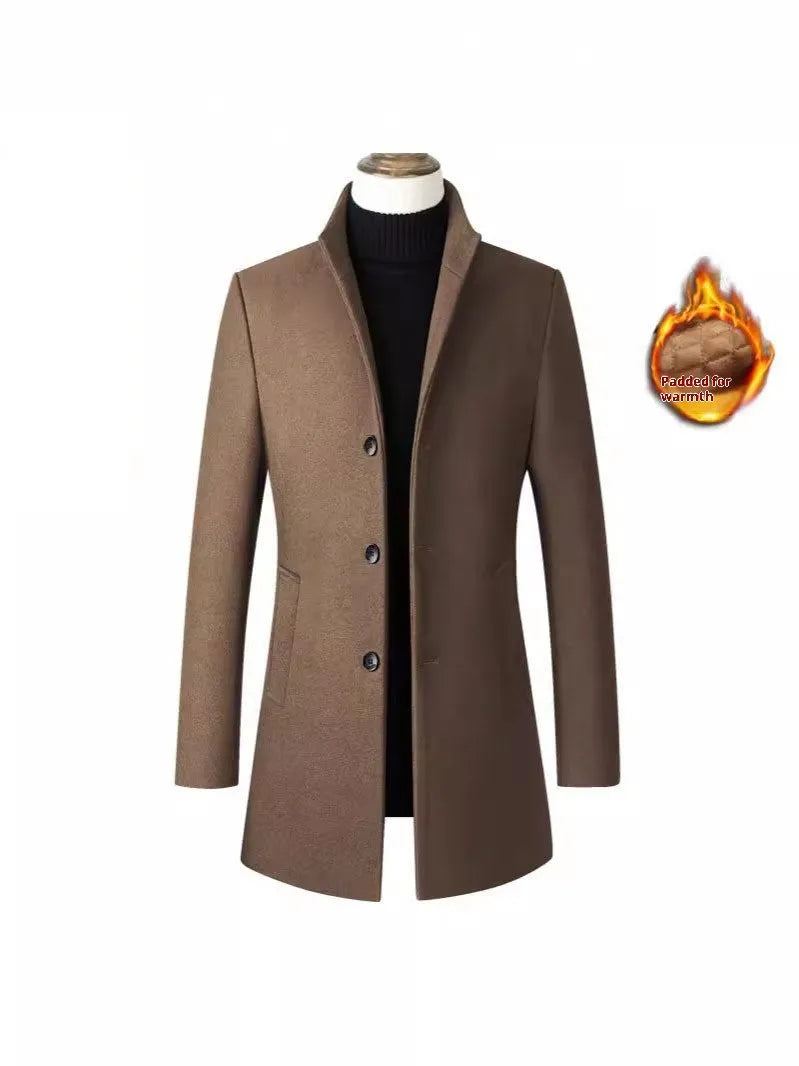 Men's single-breasted stand collar cotton padded wool blend winter trench coat in grey