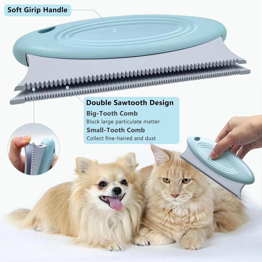 Three-piece pet hair remover set with metal, silicone, and round cleaning tools on a wooden table.