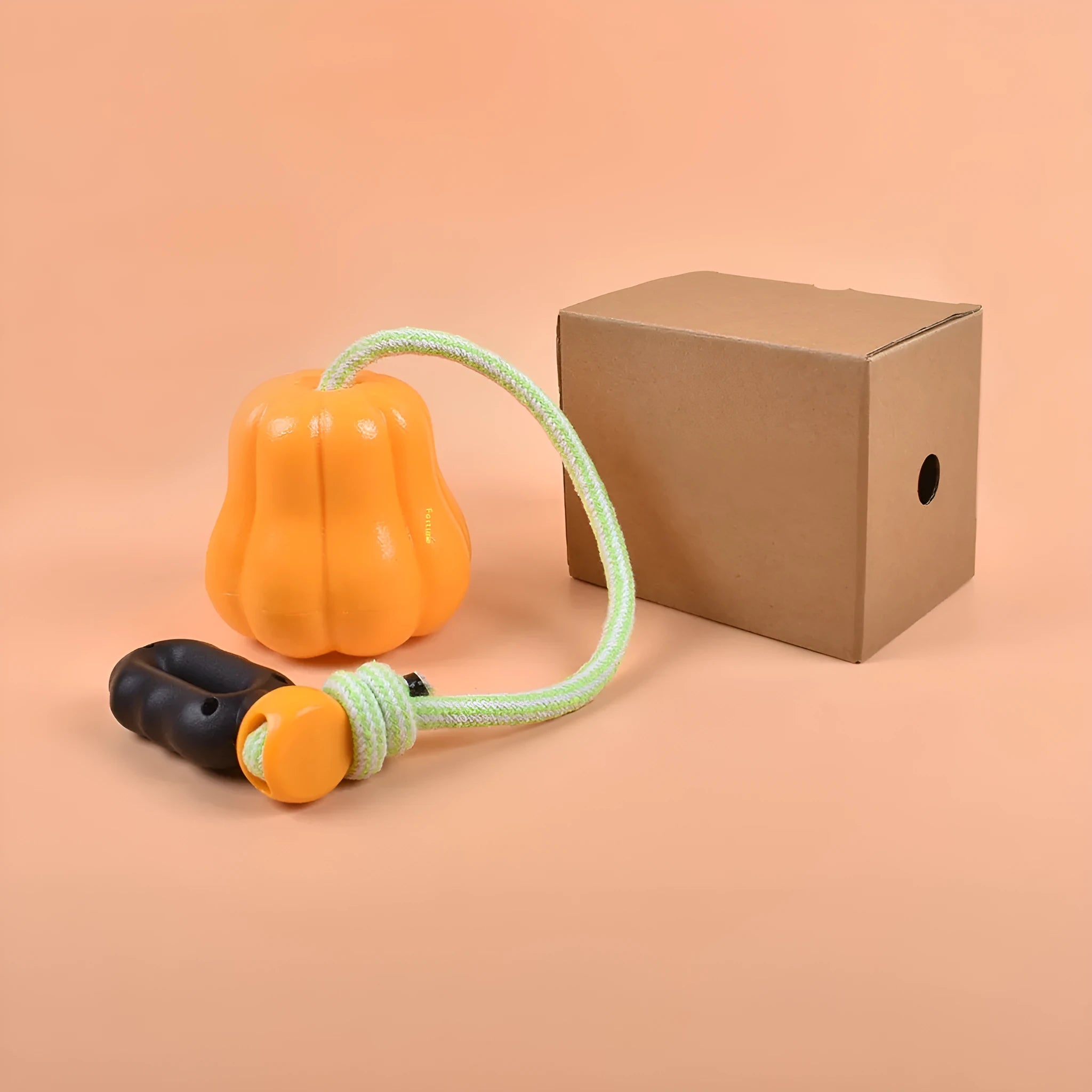 Orange pumpkin-shaped plastic dog toy with an attached rope for fetch and tug-of-war.