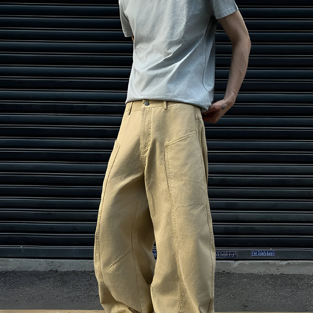 Men's khaki straight leg trousers in American retro style with solid colour cotton fabric