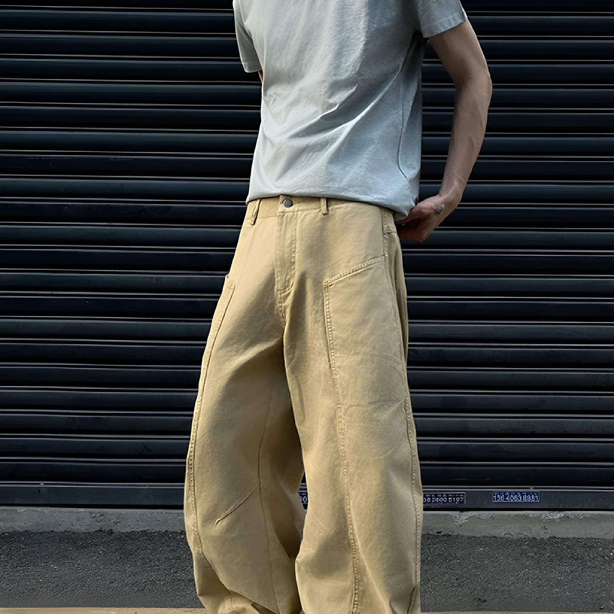 Men's khaki straight leg trousers in American retro style with solid colour cotton fabric