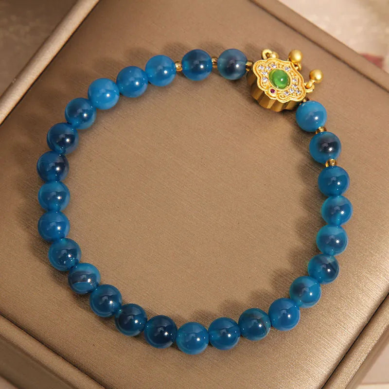 Blue sugar heart agate safety lock pendant women's bracelet with alloy inlay and rhinestones
