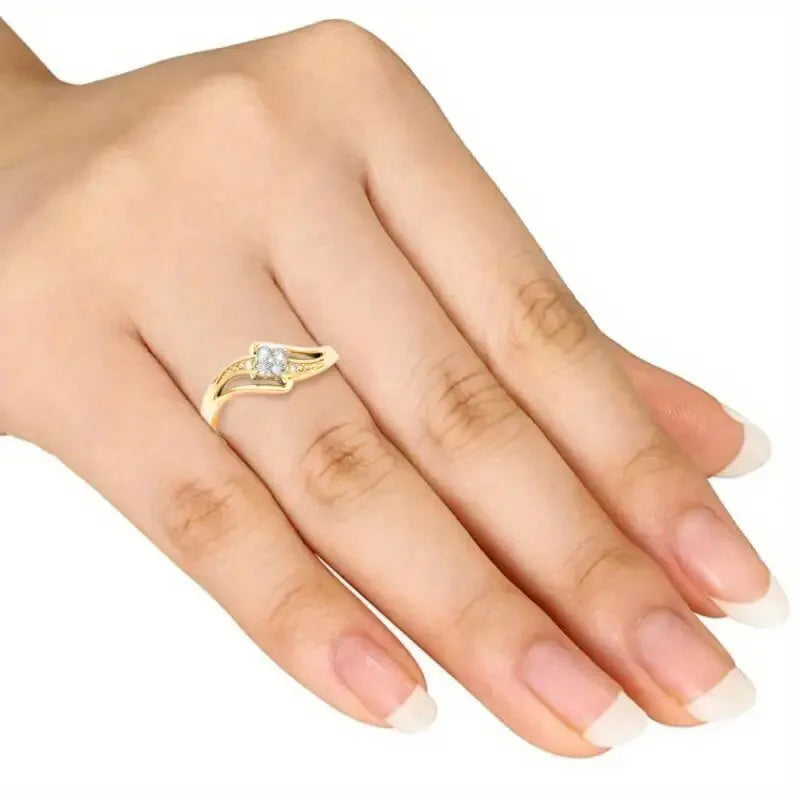 Copper diamond geometric women's ring with micro inlaid zircon details in yellow gold finish