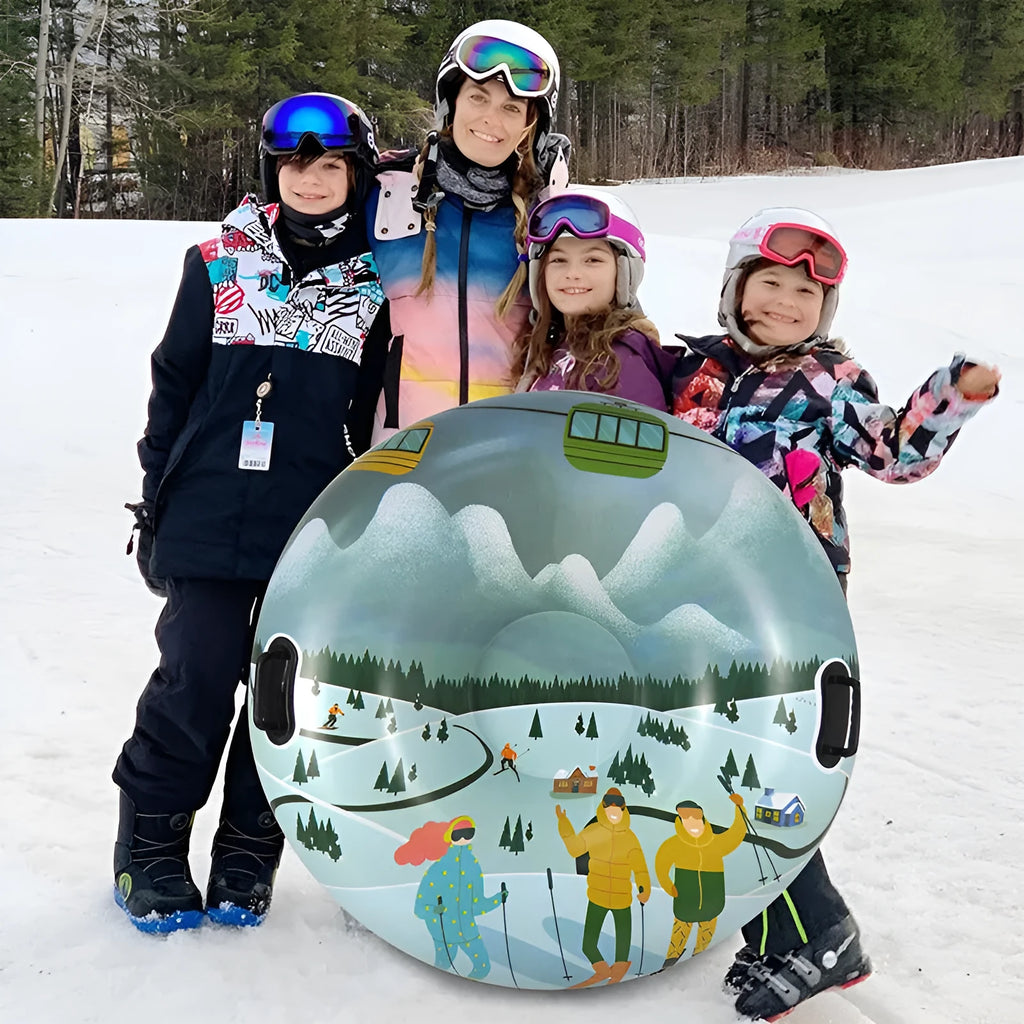 Creative printed PVC winter ski ring toy in flame red, blue, or mountain design for snow games.