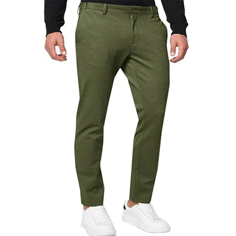 Men's slim-fit tapered chino trousers in Army Green colour, showing zipper fly and casual styling.