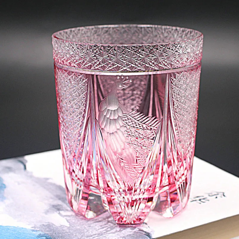 Handblown crystal whisky wine glass in Violet Peacock colour showcasing clear crystal body and coloured finish