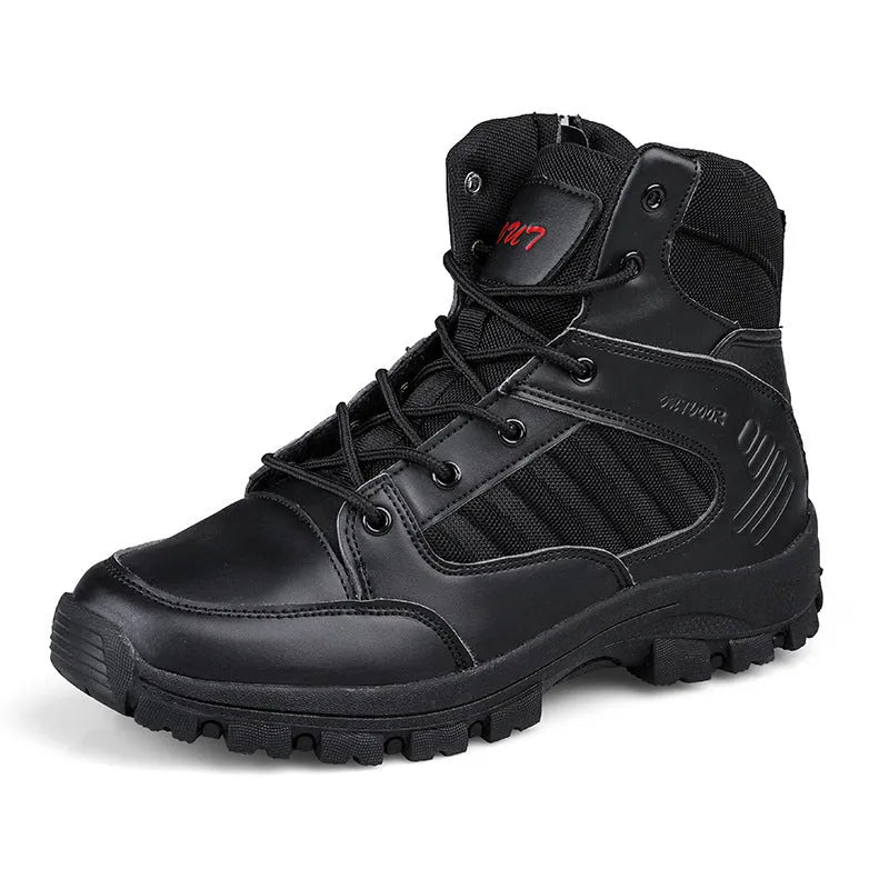Men's black high-top hiking shoes with metal eyelets on a rocky outdoor path.