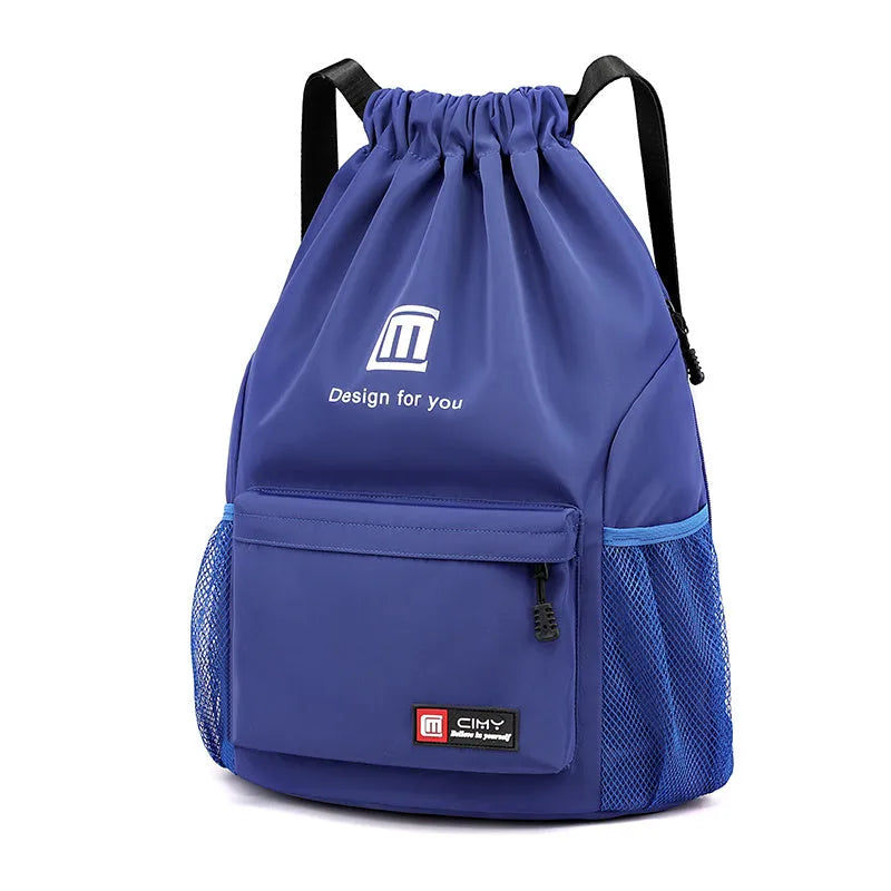 Water-repellent Oxford travel backpack with drawstring closure in black colour showing bucket shape and double shoulder straps