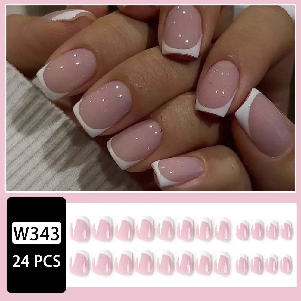 24 white artificial nails with plaid pattern design arranged as nail tips