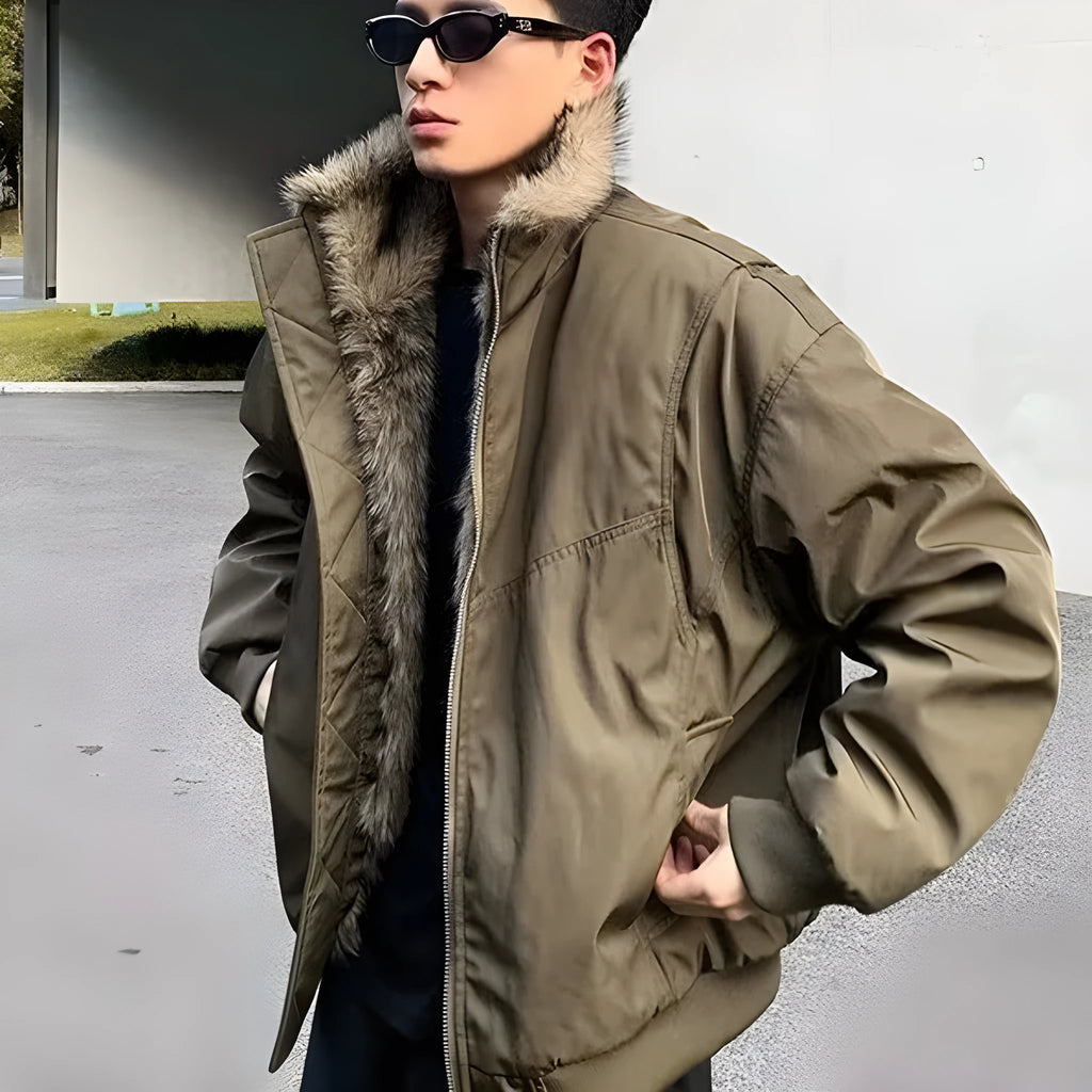 Winter thickened flight jacket in black or green, modal blend, sizes M to 2XL, side seam pockets