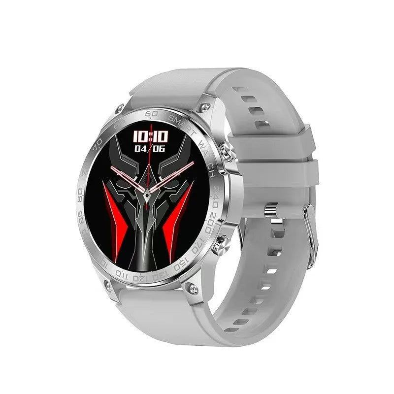 Black Bluetooth smartwatch with round AMOLED display on a silicone sports strap.