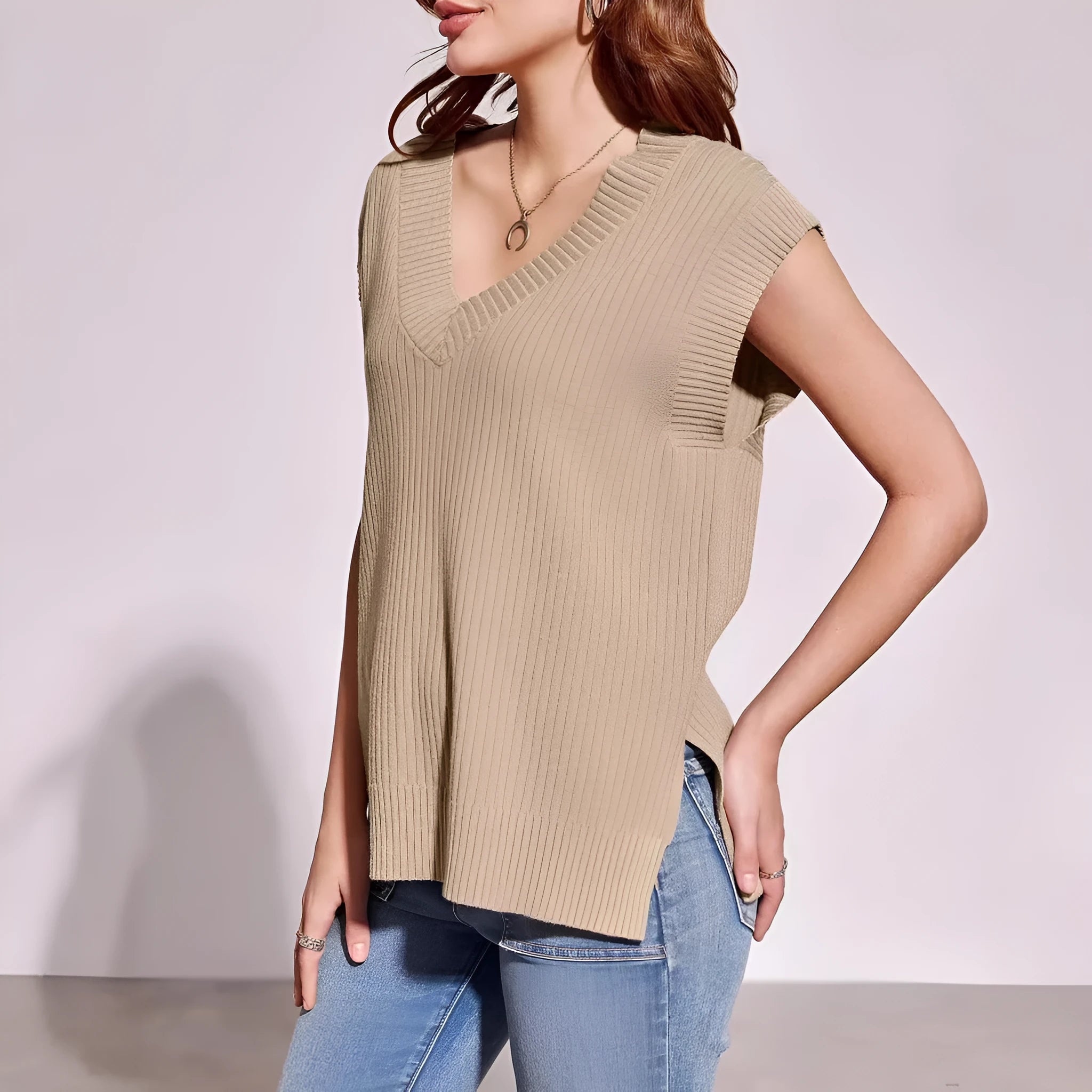Women's camel coloured V-neck sleeveless vest with loose fit and fold detailing