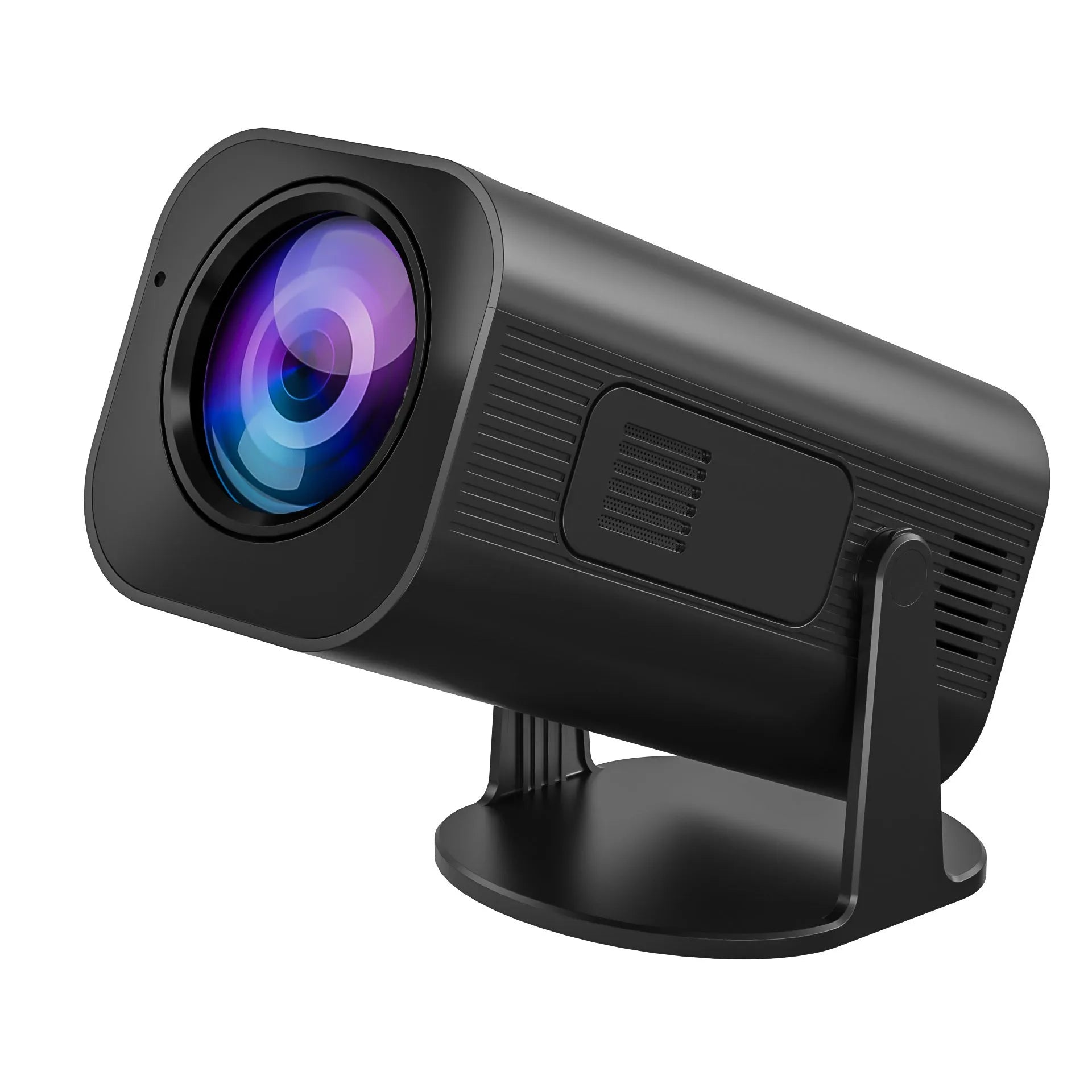 Black or white portable mini projector with remote control showing mobile phone connectivity