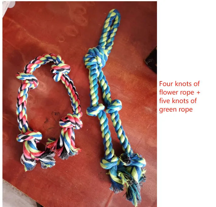 Heavy-duty cotton rope knot dog toy for large breeds, 77cm long, with four or five knots for chewing and tug of war.