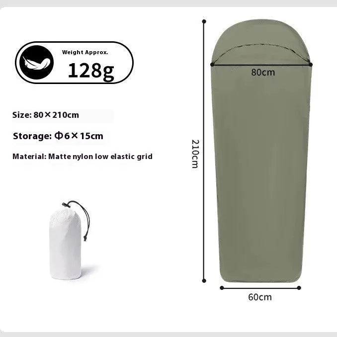 Blue mummy-style nylon sleeping bag unrolled, showing tapered design and matt fabric texture.