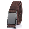 Men's casual belt with a magnetic alloy buckle on a polyester strap, shown in multiple colour options.