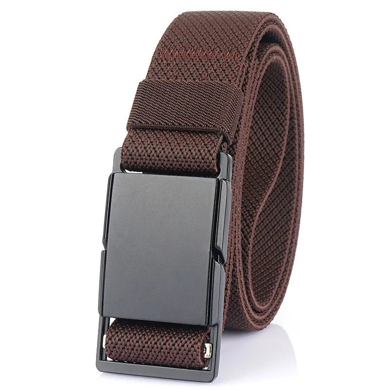 Men's casual belt with a magnetic alloy buckle on a polyester strap, shown in multiple colour options.