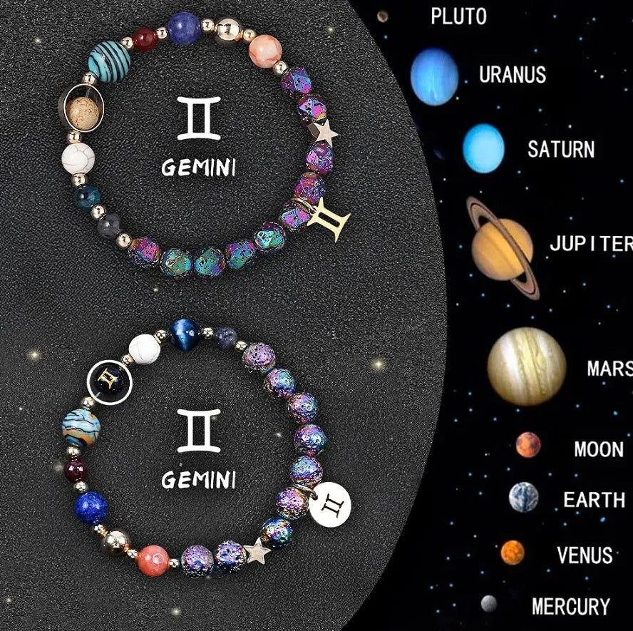 Two natural stone beaded bracelets with adjustable cords on a wooden surface, showing zodiac symbol designs.