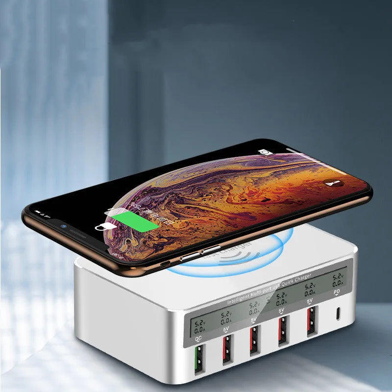 QC30 6-port USB desktop charger with LED display showing British, European and American plug versions
