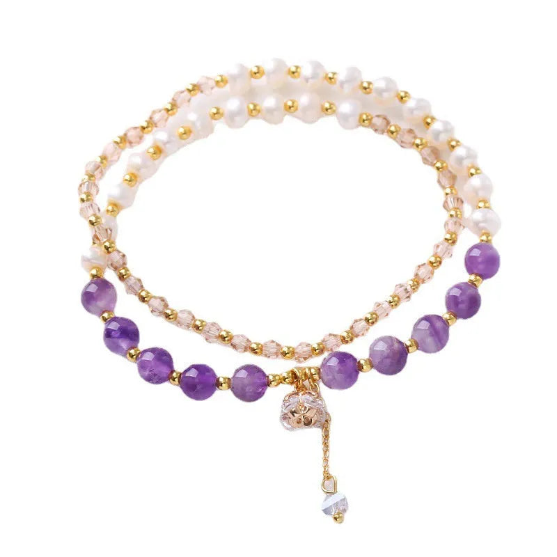 Natural freshwater pearl and crystal double ring bracelet in amethyst, aquamarine, or strawberry quartz colours