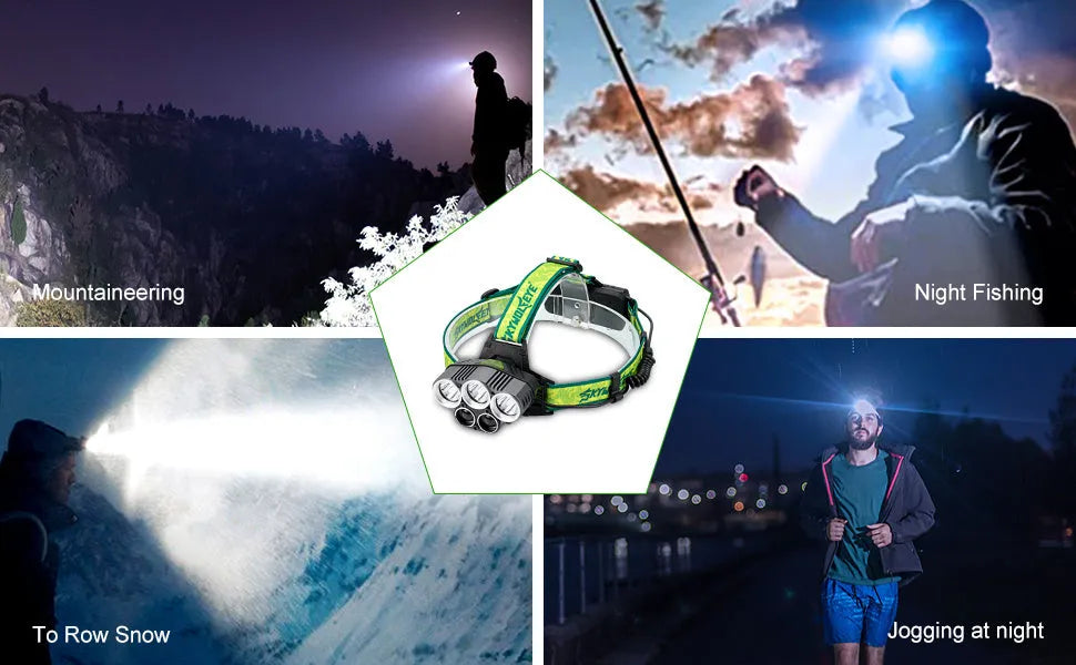 Yellow and black USB rechargeable outdoor headlight with 5 LEDs on an aluminium alloy and ABS plastic housing.