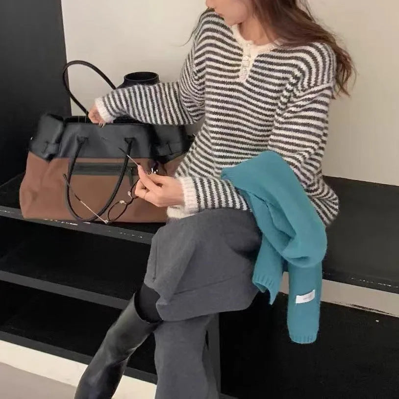 Women's red and blue striped cashmere sweater with plaid patterns and loose fit