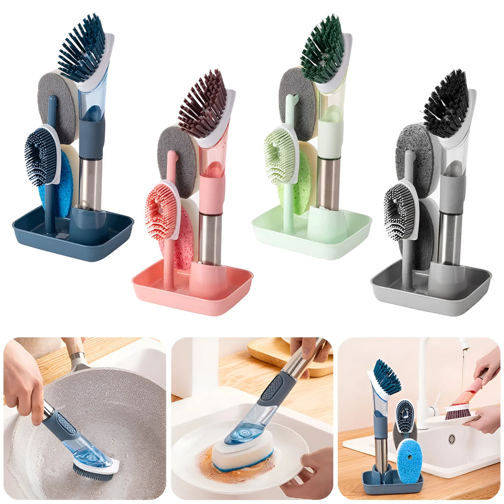 Multifunctional kitchen cleaning brush with built-in soap dispenser and long handle