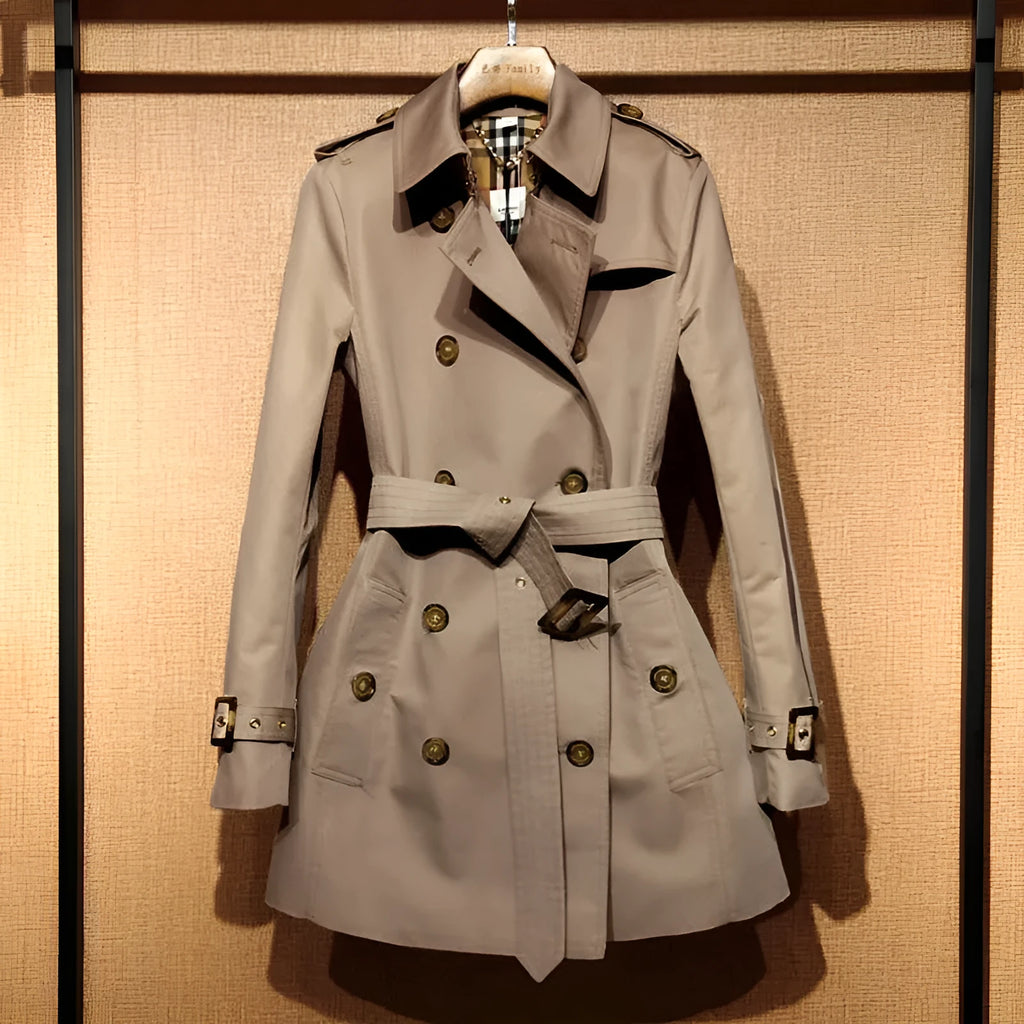 Khaki double-breasted trench coat for women with long flight sleeves, shown on a hanger.