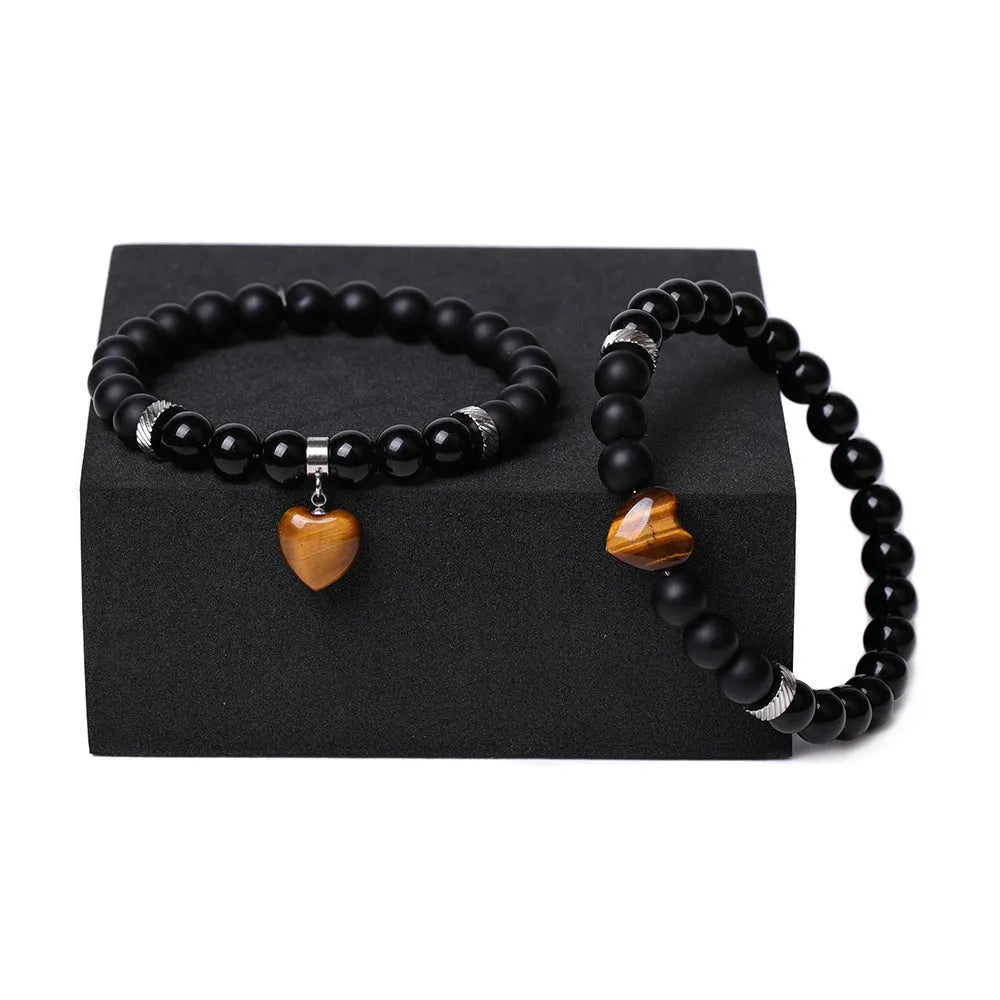 Natural stone couple matching bracelets with polished heart pendants in multiple colour variations