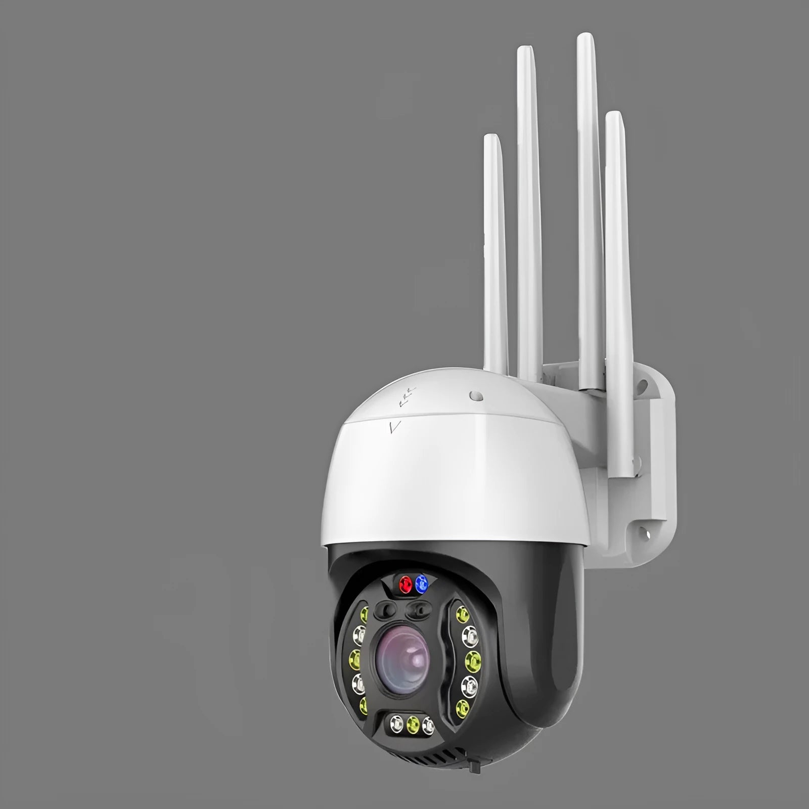 White outdoor dome security camera with 360-degree rotation on a wall mount