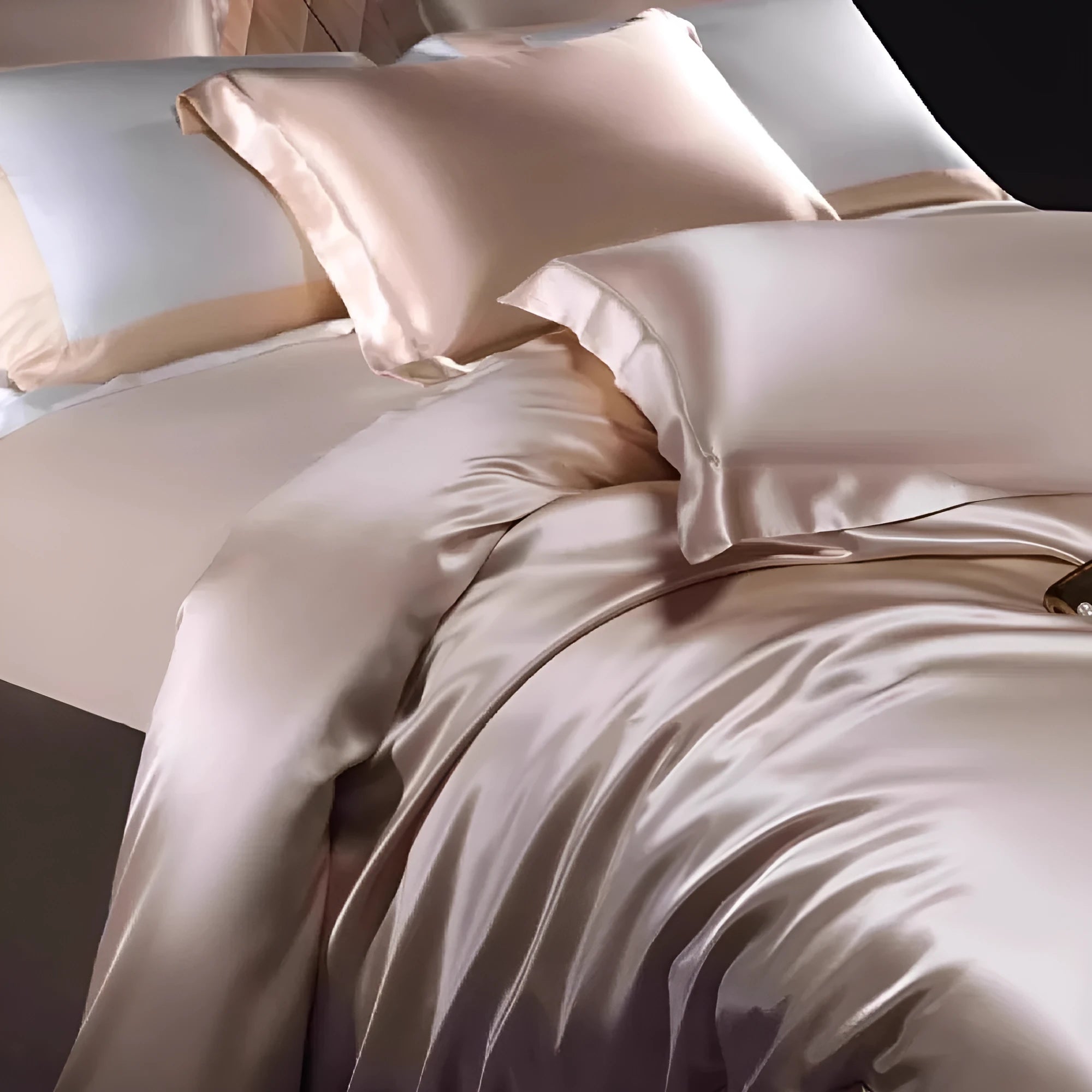 Silk four-piece bedding set in a solid colour displayed on a bed, showing quilt cover and pillowcases.