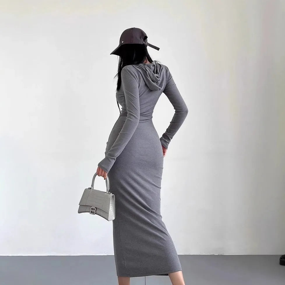 Women's grey hooded sheath dress with long sleeves and knee-length high-waist design
