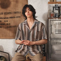 Japanese style Cuban collar fleece-lined short sleeve shirt in grey with jacquard detail.