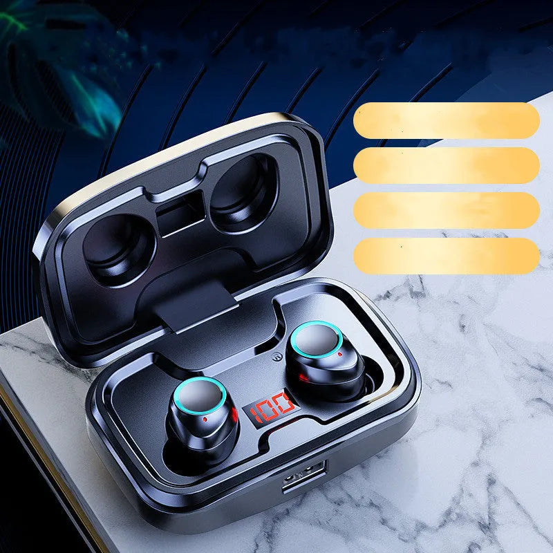 Black wireless Bluetooth in-ear earphones with a private mould design, shown outside of the charging case.