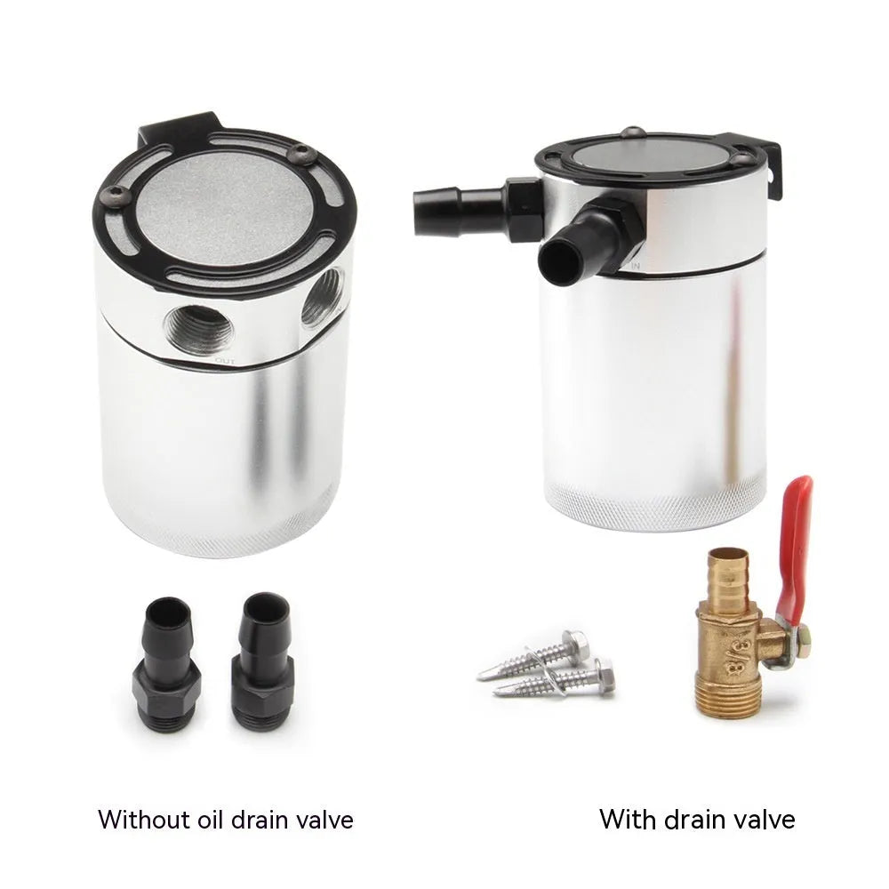 Aluminium automotive oil pot in black or silver with two-hole mounting and optional drain valve