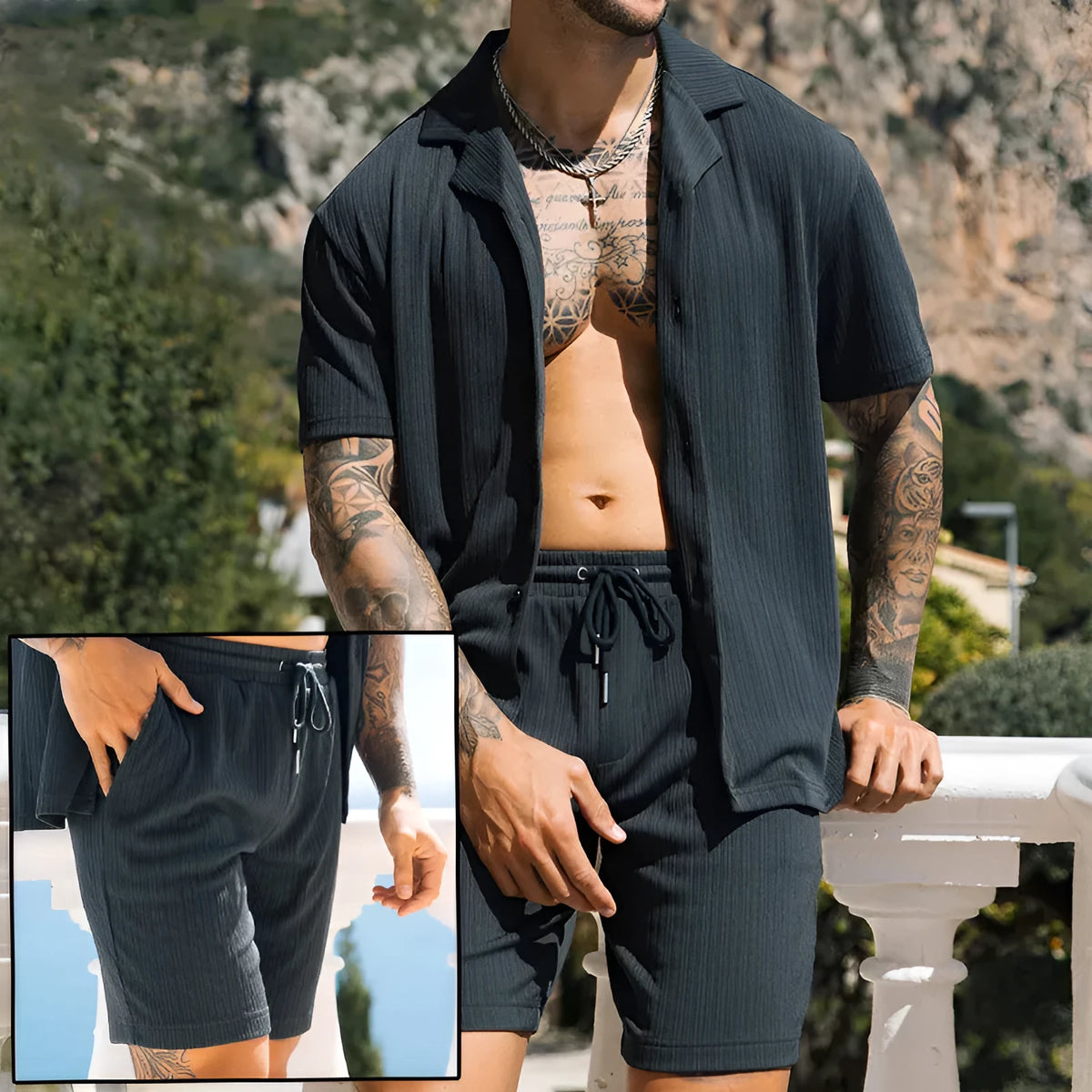 Men's two piece set with short sleeve lapel button shirt and matching shorts in cotton blend, summer beach streetwear outfit