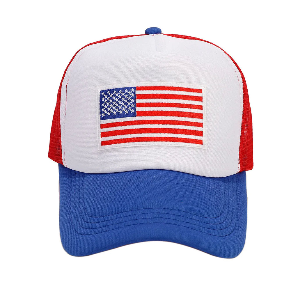Red and blue contrasting mesh baseball cap with adjustable strap and dome crown