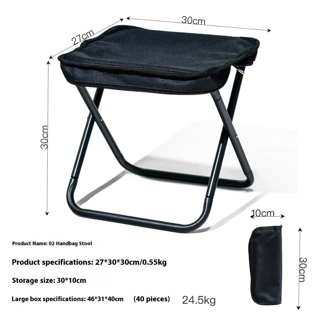 A folded Oxford cloth camping stool in khaki with its attached crossbody carry bag, shown next to an unfolded version.