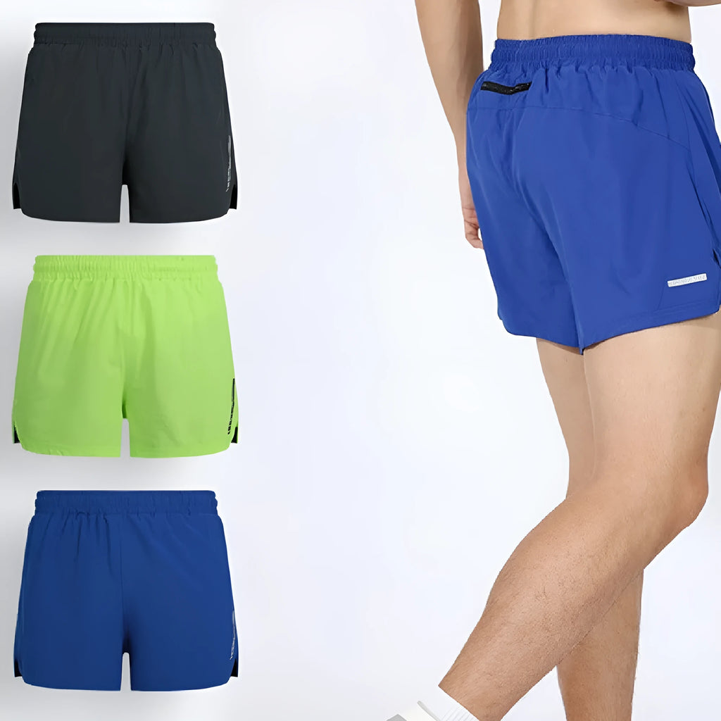 Unisex quick-dry running shorts in grey, shown in a straight-leg fit for athletic movement.