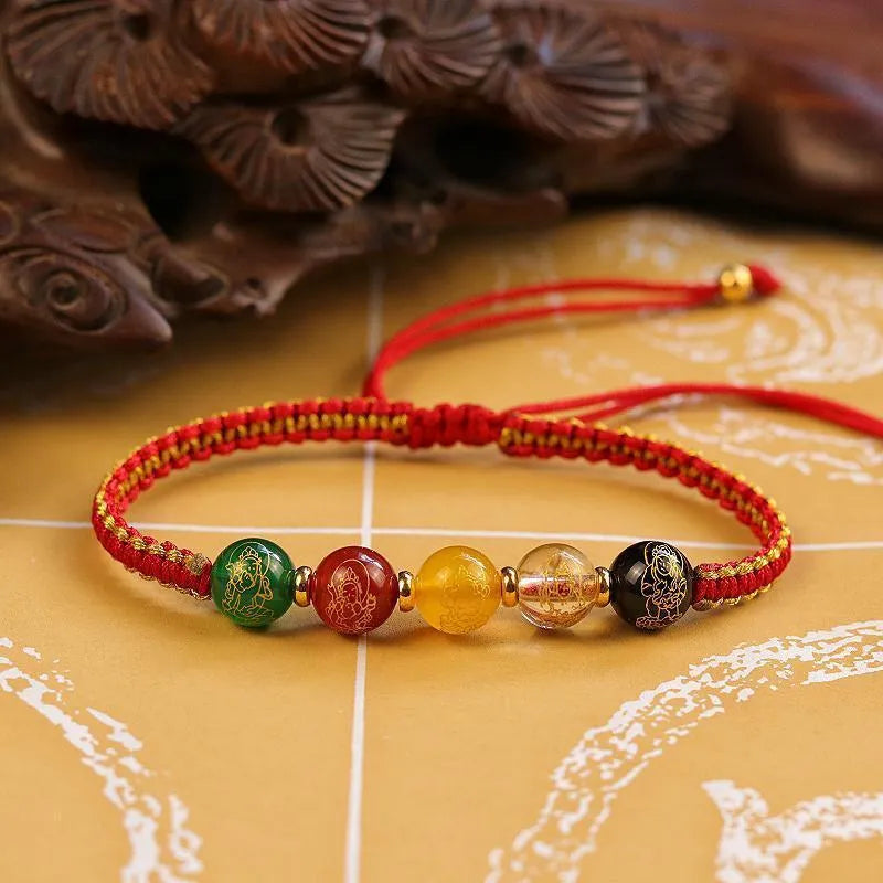 Five Gods of Wealth agate bracelet with hand-woven red rope braid and geometric beads