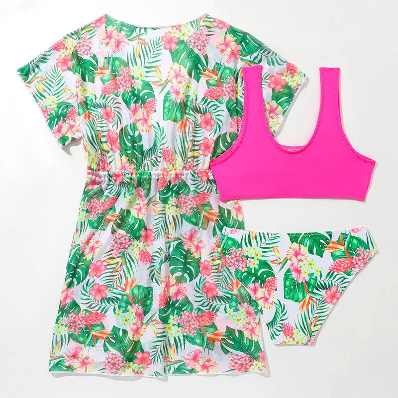 Girls' floral two-piece swimsuit in polyester on a white background, showing briefs style.