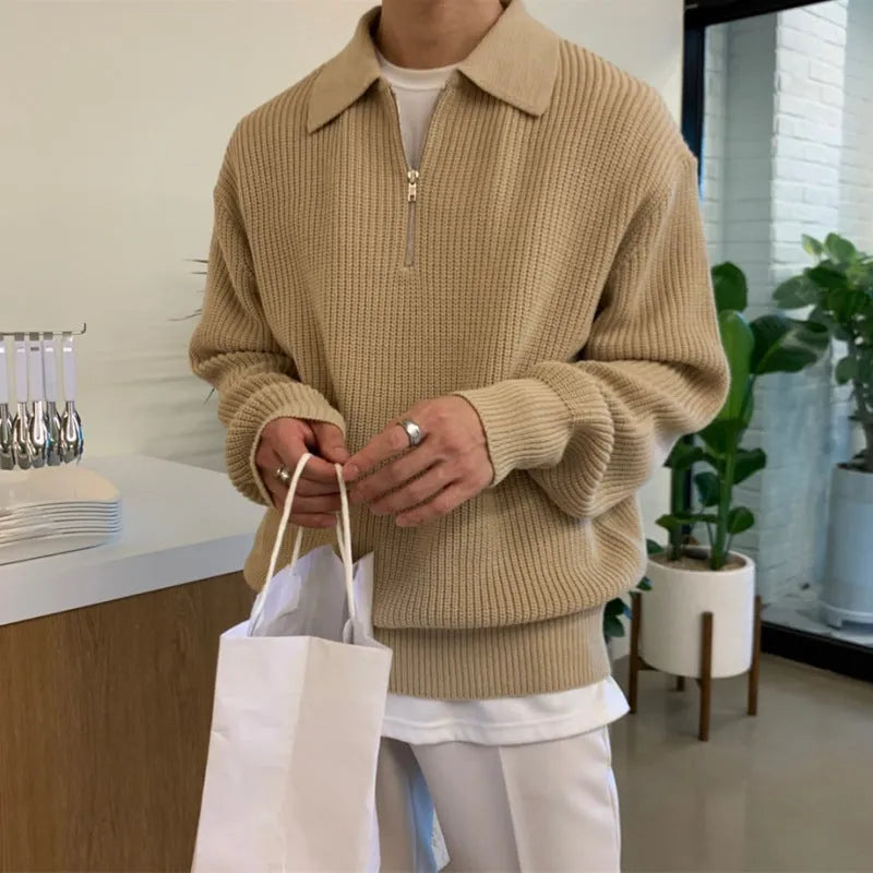 Men's lapel sweater winter pullover loose knitwear light business casual in khaki