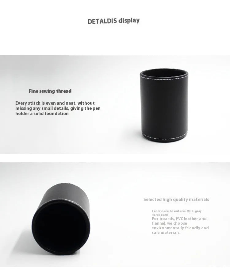 Small round black leather pen holder on a desk